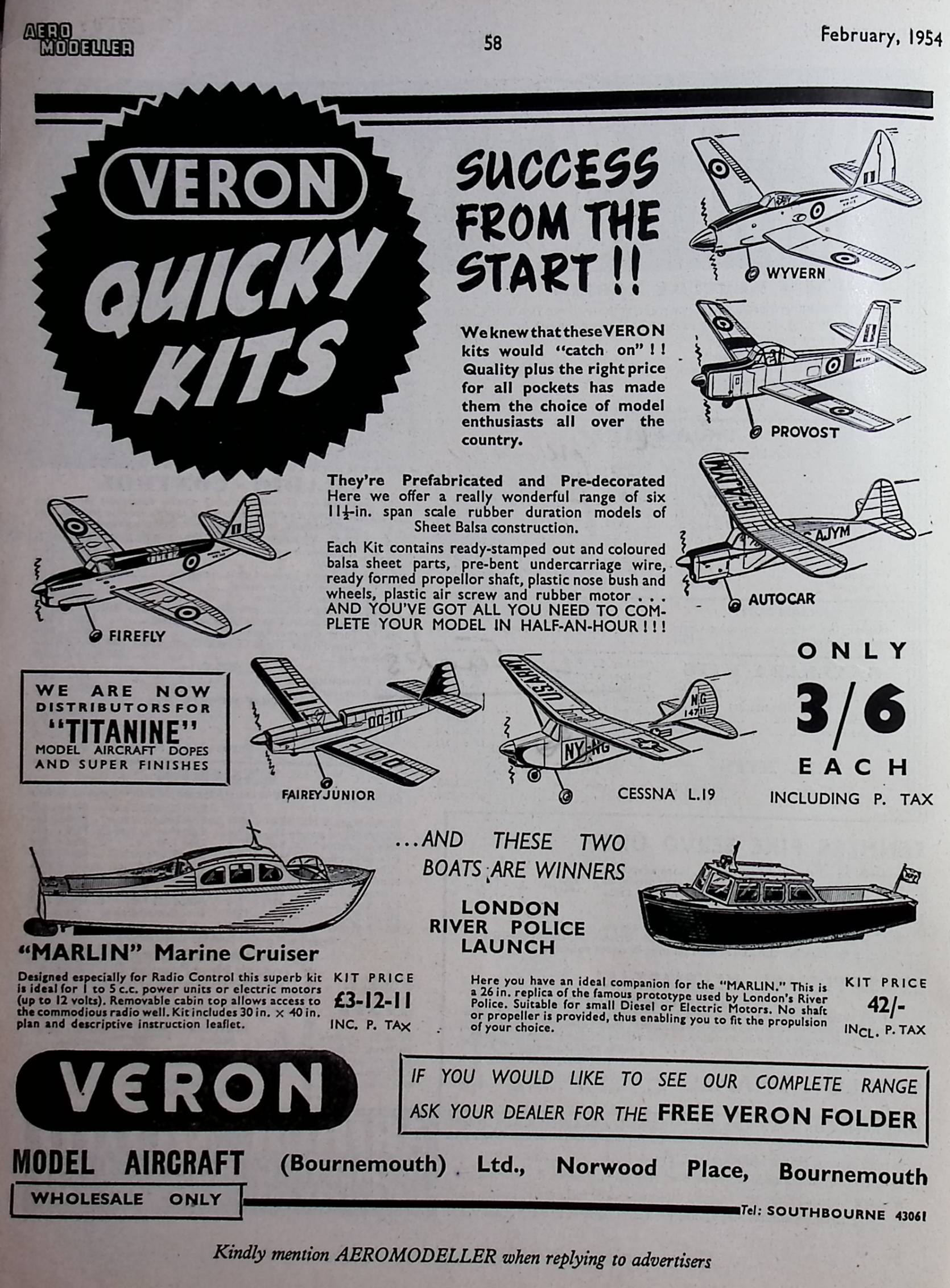 February 1954 advert for Veron Quicky Kits