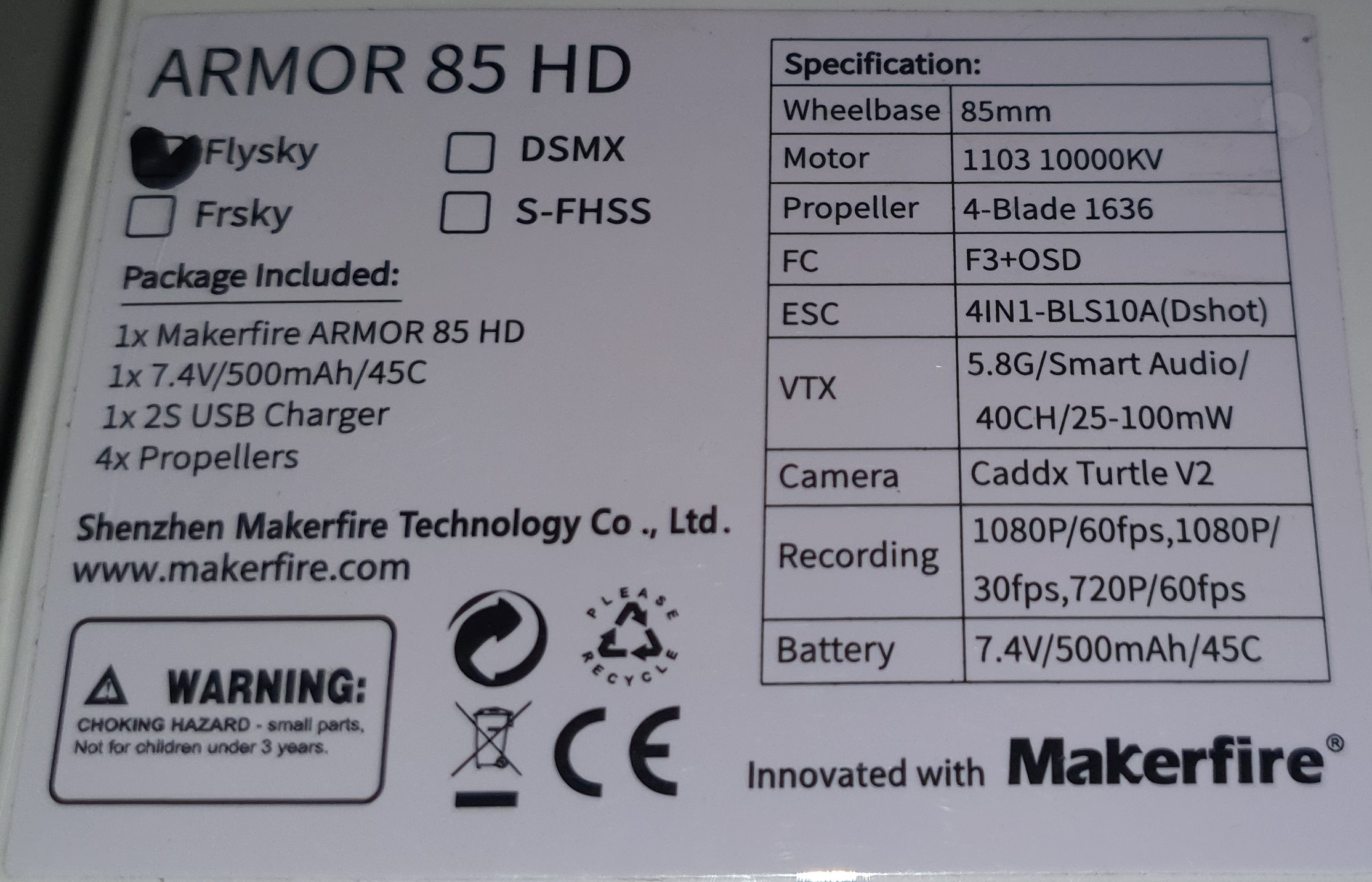 Makerfire Armor 85HD specifications